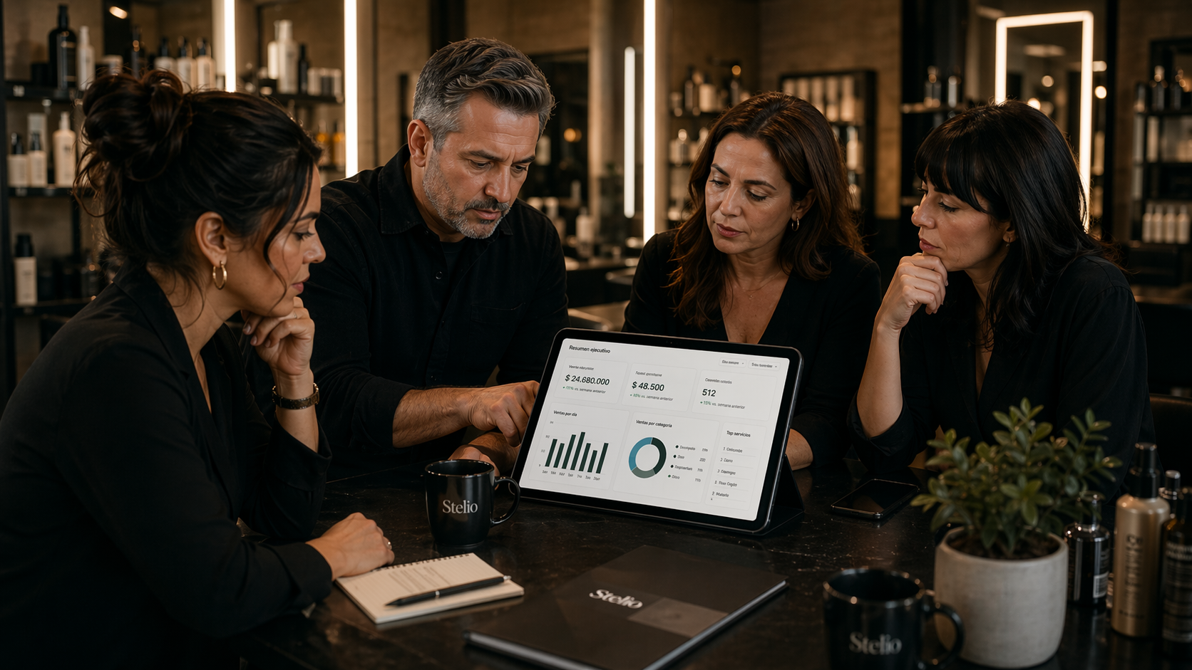 Equipo Stelio revisando métricas y decisiones operativas durante la implementación