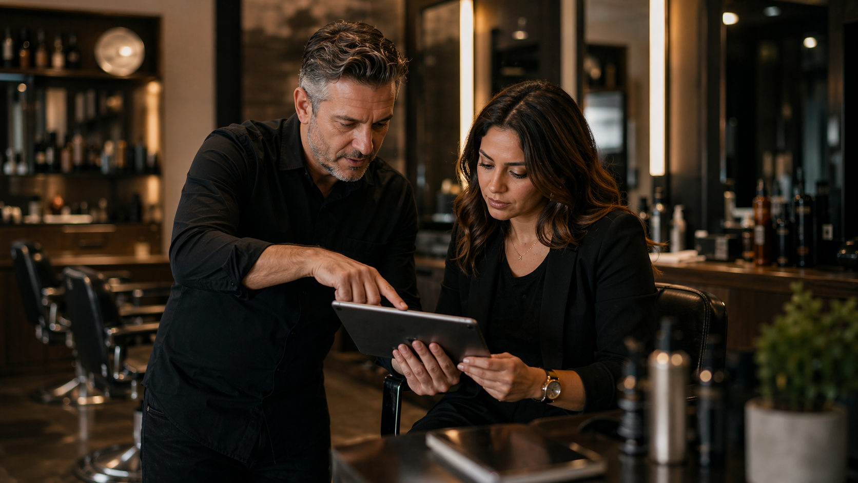 Sesión de acompañamiento Stelio dentro del salón usando tablet para revisar la operación